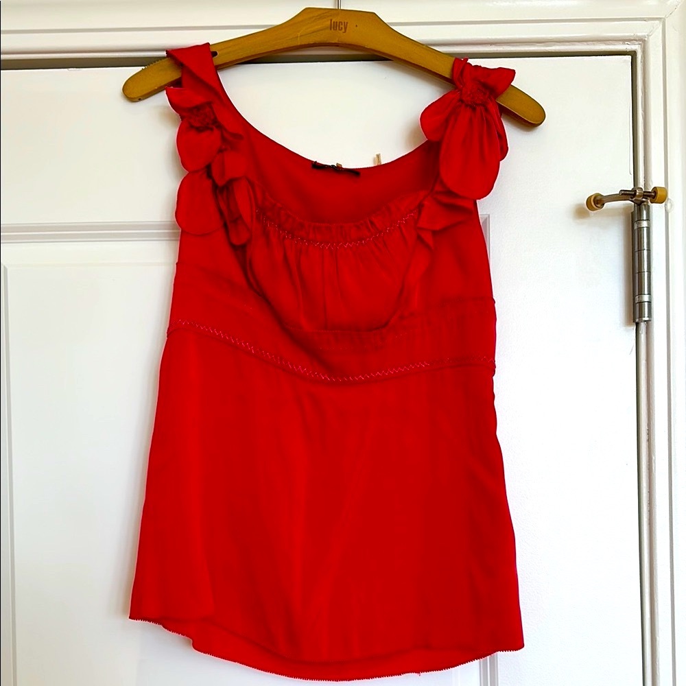 Ellie Tahari Silk Red Ruffled Smocked Camisole